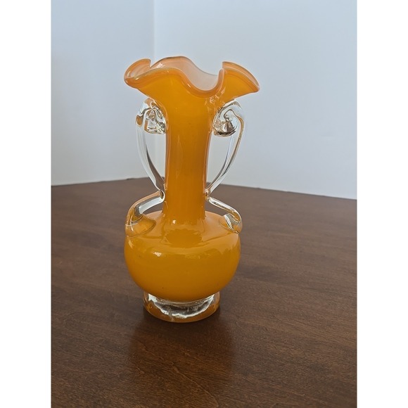 Unmarked Other - Vintage Orange Hand Blown Art‎ Glass Vase Clear Handles Ruffled Rim Murano Style
